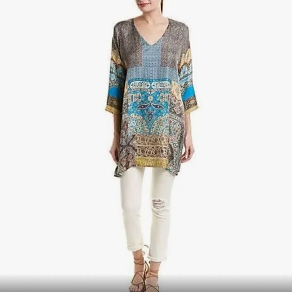 Johnny Was Journey 3/4-Sleeve V-Neck Printed Silk Tunic